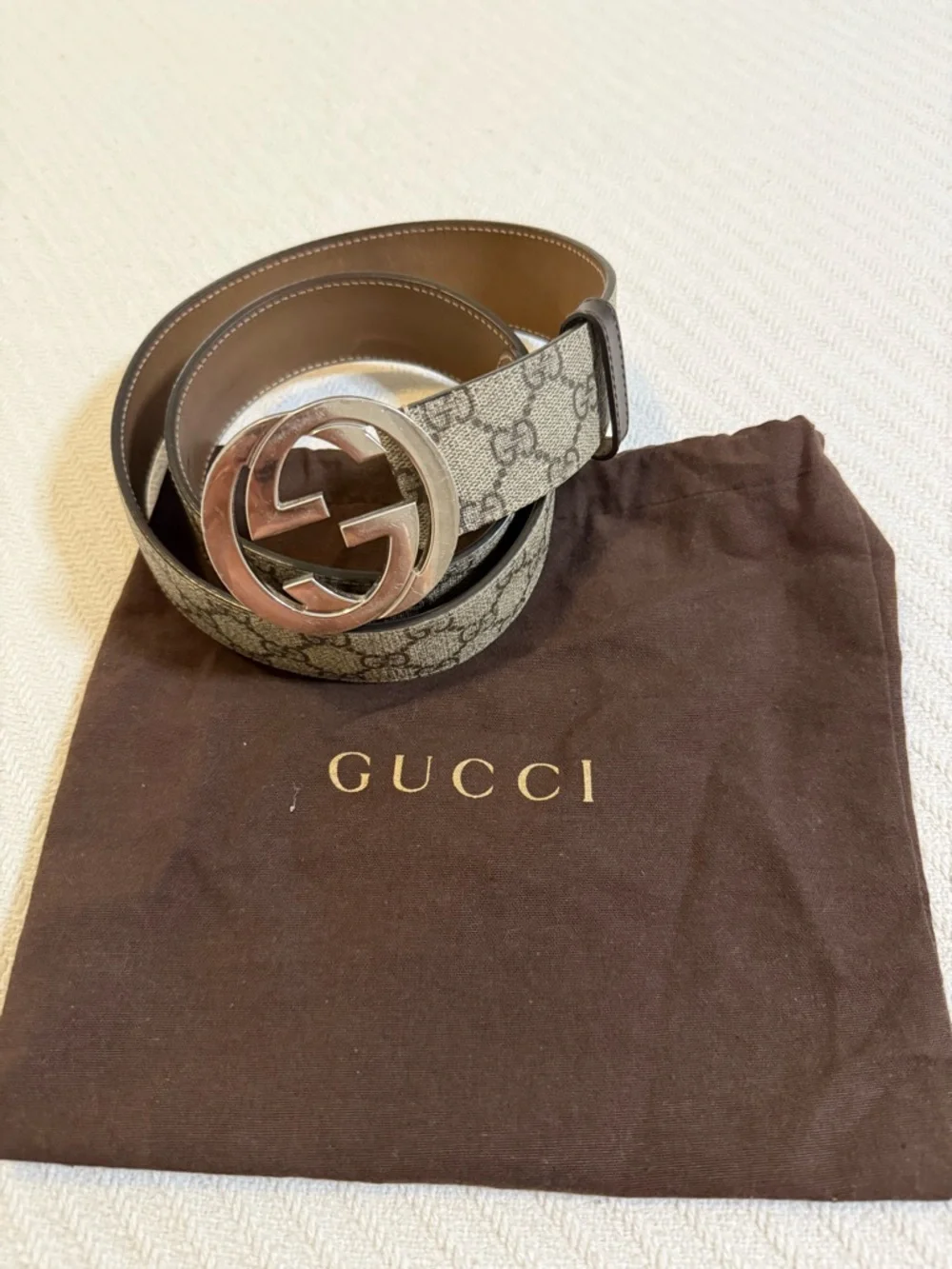 Gucci Beige GG Canvas Belt with Silver Double G Buckle